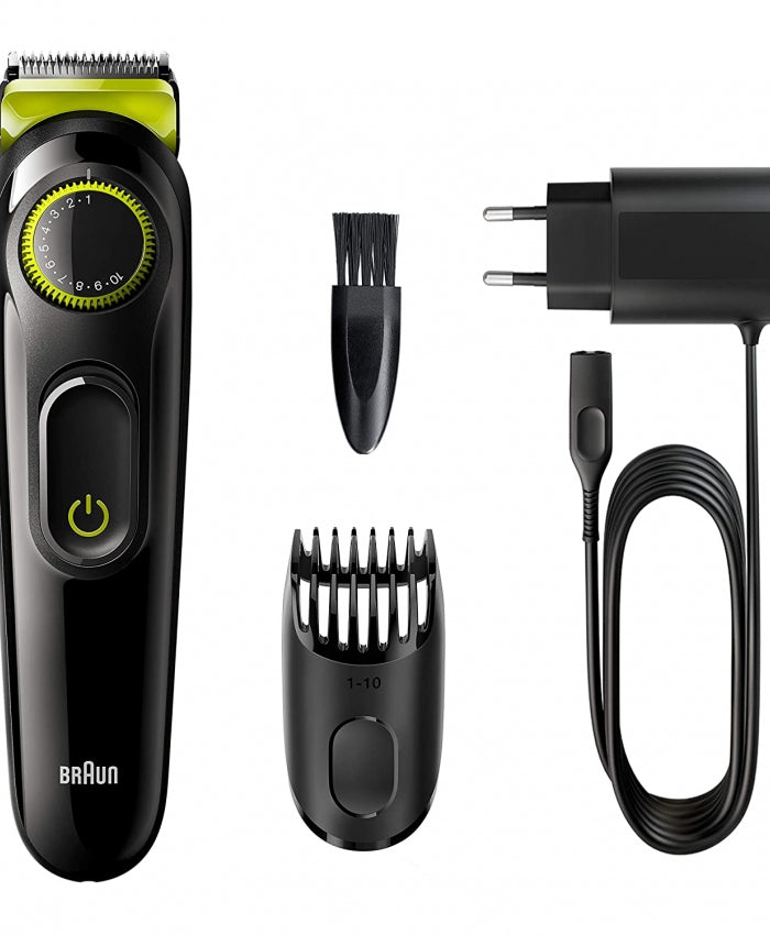 Braun Beard Trimmer 3 for Face and Hair, Black/Volt Green with precision dial, BT3221